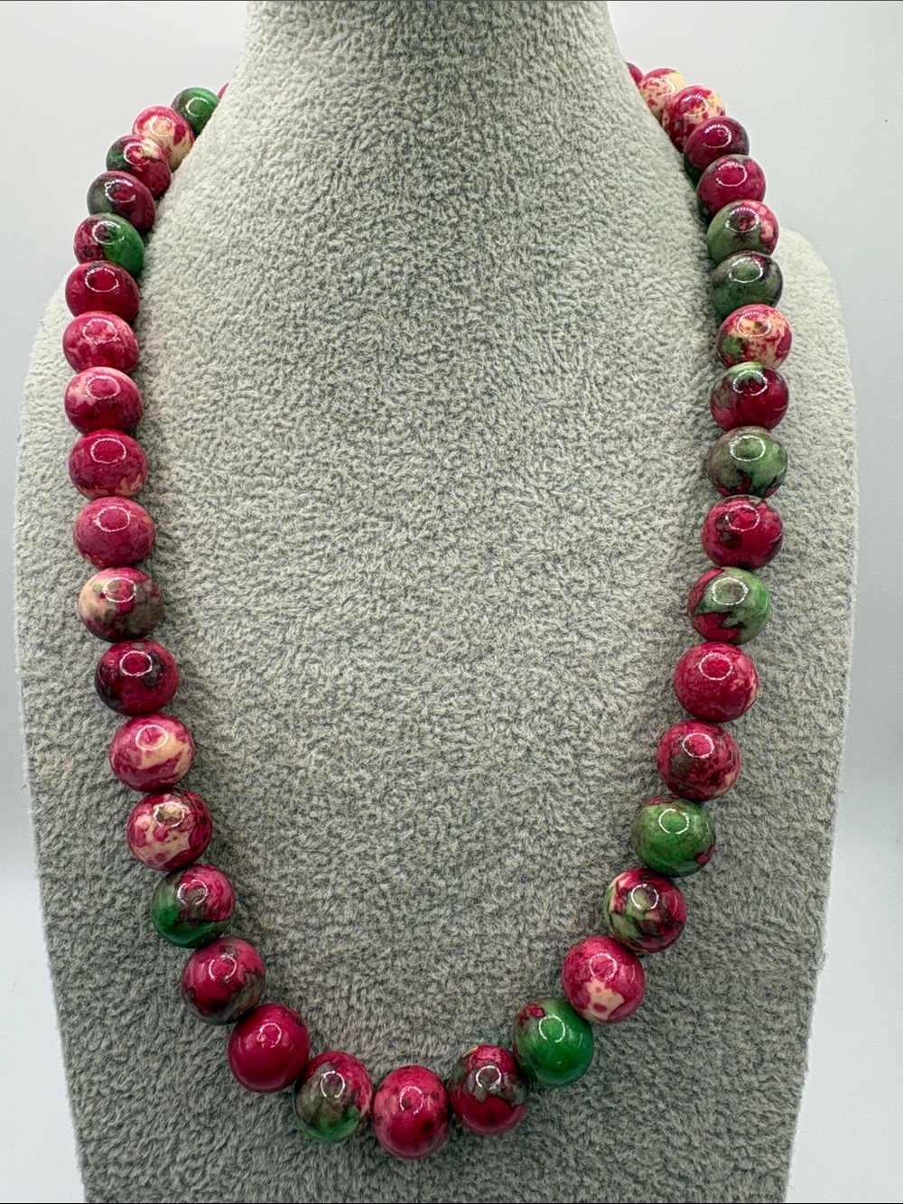 Pink & Green Rain-flower Jasper Beaded 925 Sterling Silver Clasp Necklace
